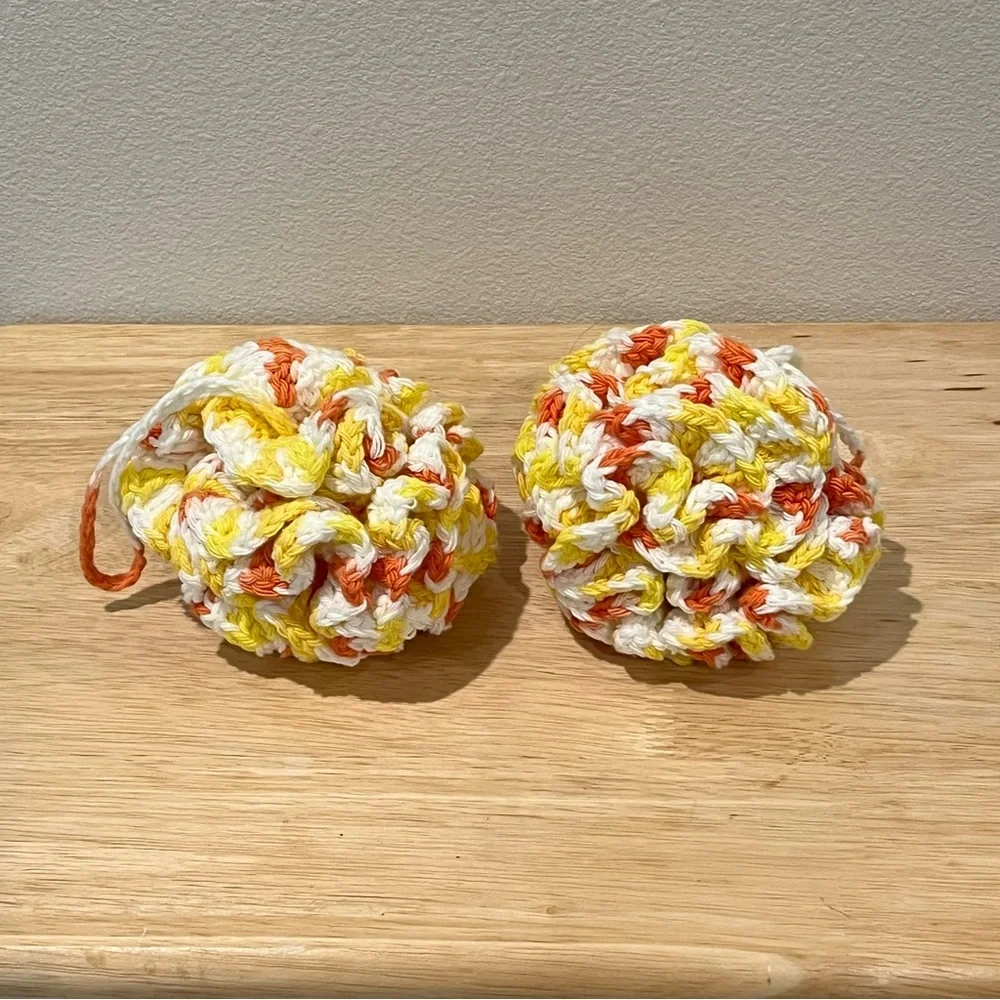 Set of 2 Crochet Yellow/Orange/White Eco-Friendly Bath Loofahs with Hanging Loop